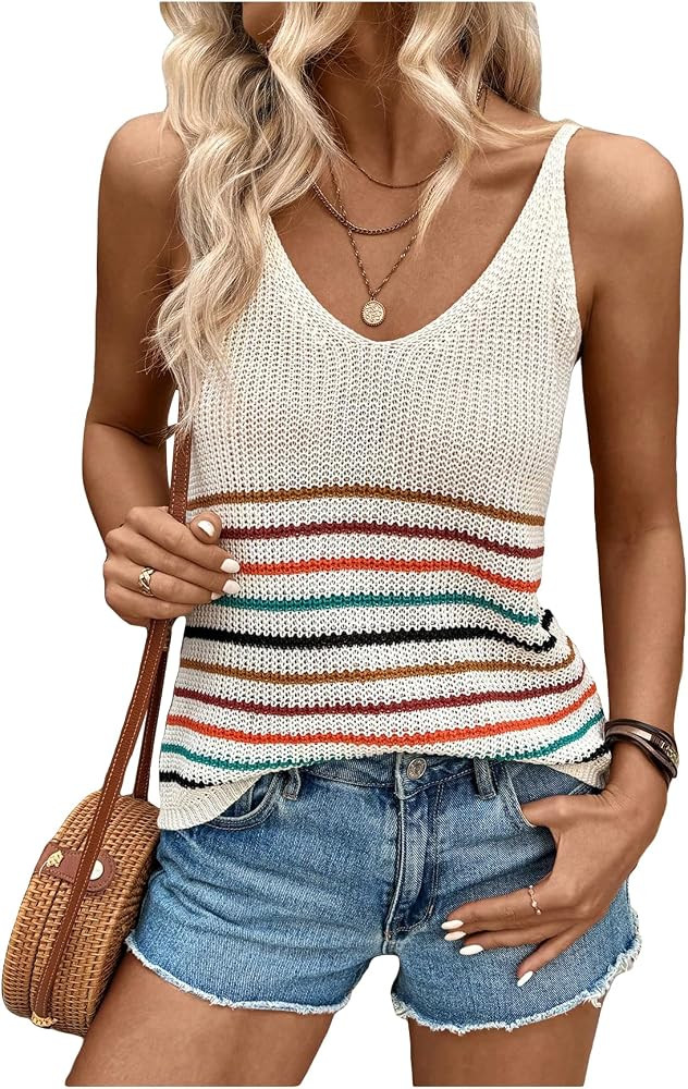 Verdusa Women's V Neck Sleeveless Knitted Tops Striped Crochet Tank Tops | Amazon (US)