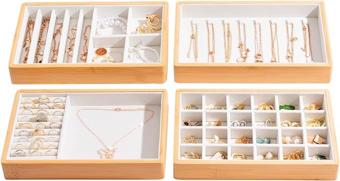 ProCase 4-Set Bamboo Stackable Jewelry Organizer Tray, Jewelry Drawer Inserts Container Display C... | Amazon (US)