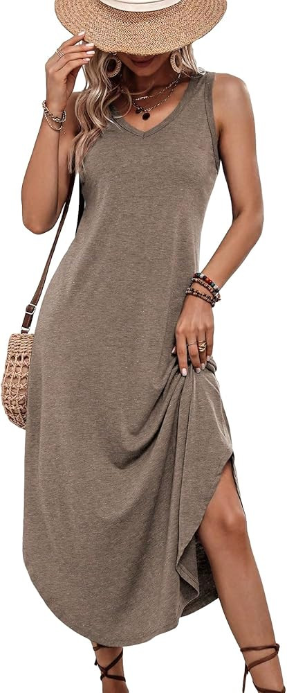 SHENHE Women's V Neck Sleeveless Asymmetrical Hem Basic Dress Plain Long Tank Dress | Amazon (US)