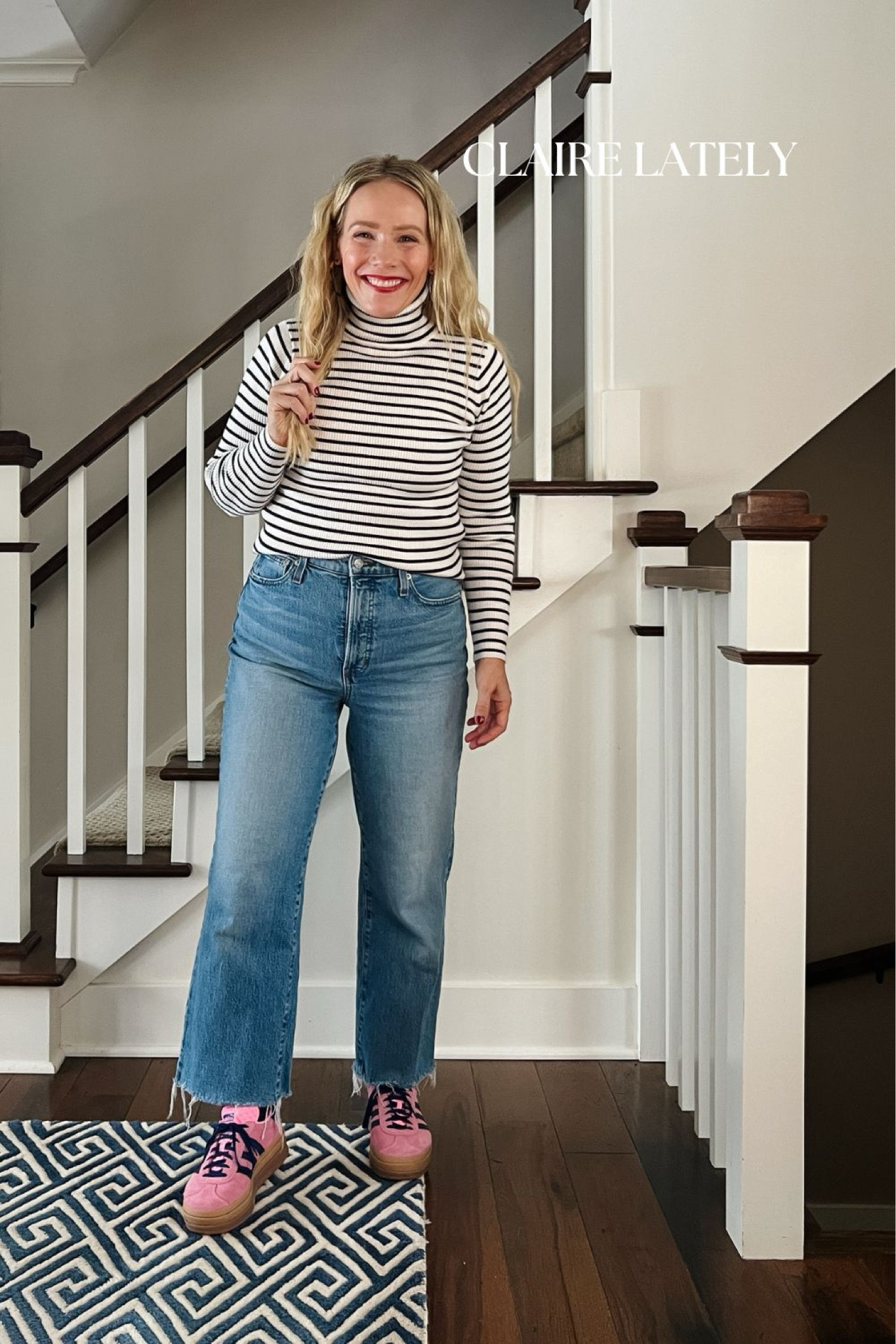 EASY way to style a white and navy stripe Turtleneck for weekend casual outfits - on trend adidas samba sneakers, wide leg denim, and hoop earrings. Add a layer of warmth with a  cream sweater, draped or worn with the sleeves pulled up.
❤️ Claire Lately 

#LTKshoecrush #LTKSeasonal #LTKstyletip