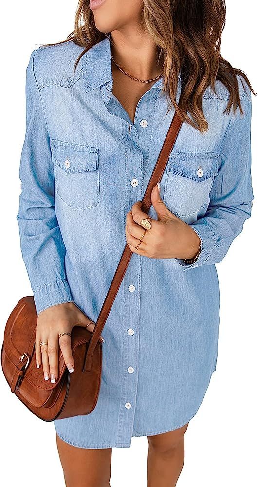 GRAPENT Women Casual Denim Shirt Dress Button Down Pockets Long Sleeve Tunic Top | Amazon (US)