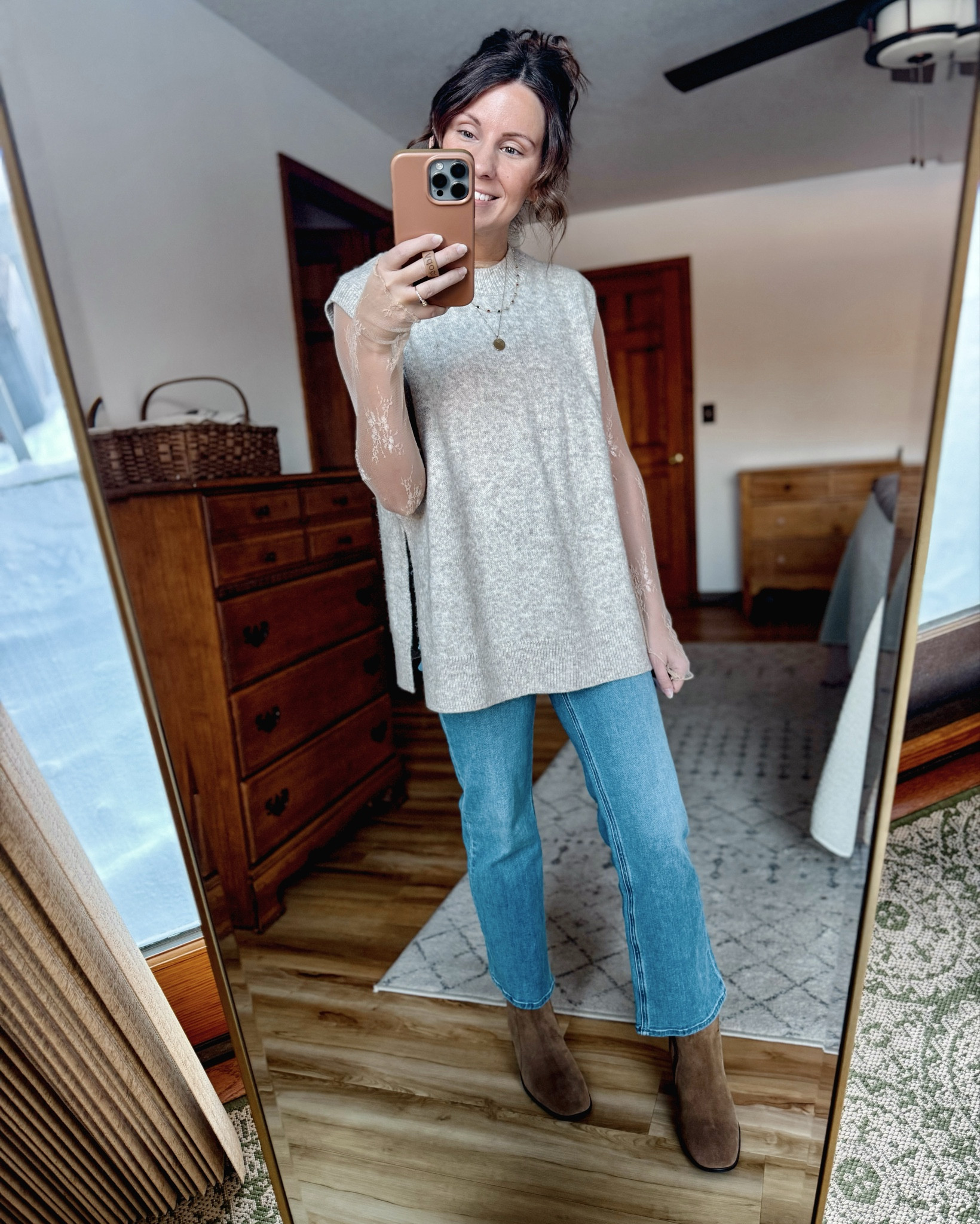 Wearing small in my lace top (apricot), my sweater tank/vest is older (this year’s version looks super similar tho!) so I linked similar. My jeans are size 24 in a 16” inseam. My boots are size 6.5 and I also linked similar boots.

#LTKSeasonal #LTKFindsUnder100 #LTKHoliday