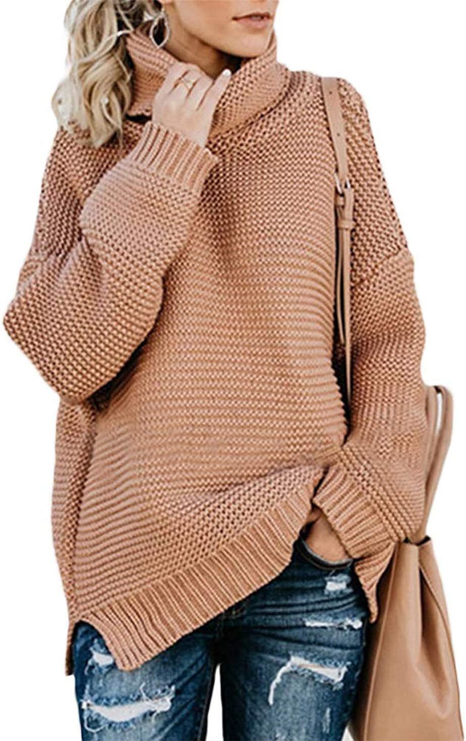 Womens Turtleneck Knit Sweaters Casual Chunky Pullover Loose Jumper Tops Long Sleeve (I-Apricot, ... | Amazon (US)