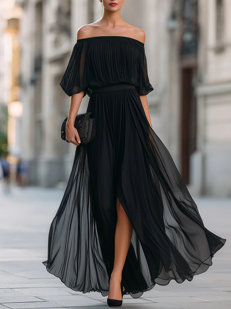 Elegant Plain Balloon Sleeve Off The Shoulder Maxi Dress | Stylewe