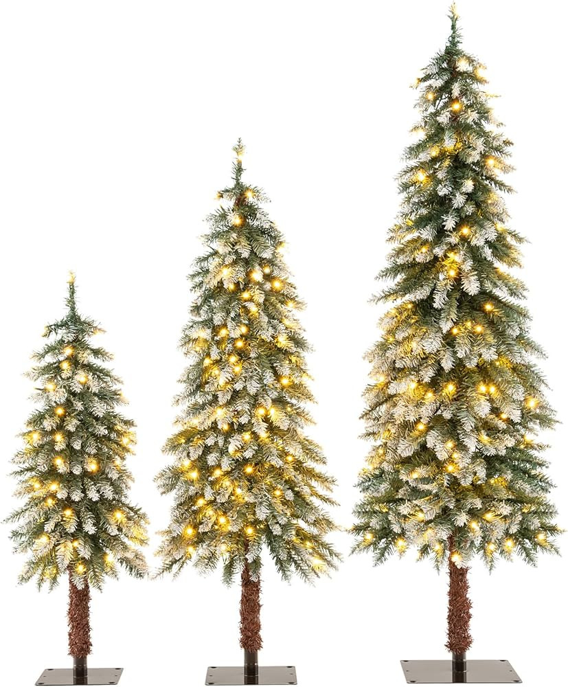 Goplus 3' 4' 5' Pre-Lit Artificial Christmas Tree Set of 3, Slim Pencil Xmas Trees with Snowy Lea... | Amazon (US)