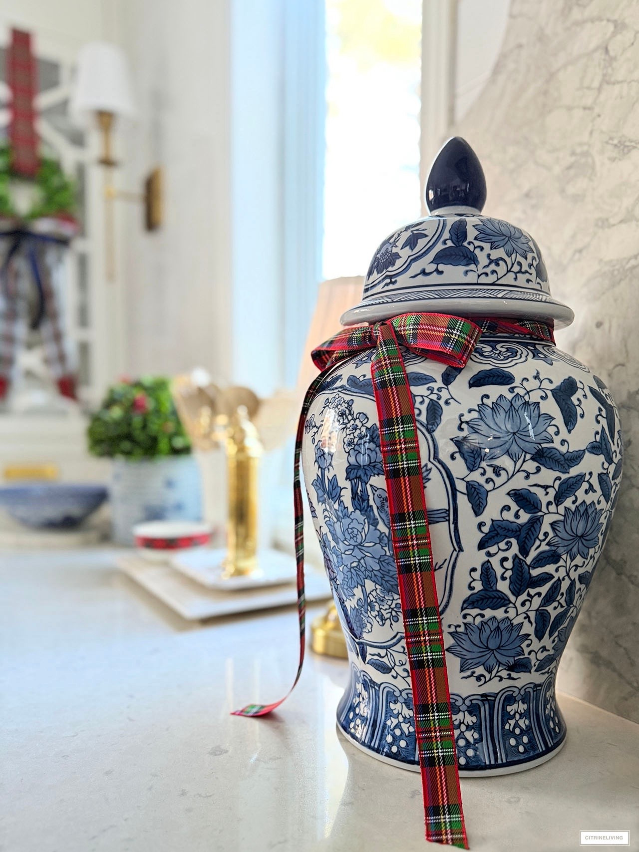 A gorgeous ginger jar tied up with a pretty plaid bow! The perfect Christmas detail!!

#LTKHoliday #LTKSeasonal #LTKHome