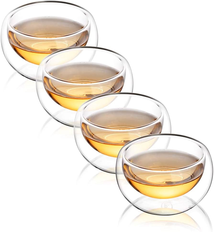 CNGLASS Double Wall Glass Tea Cup Set of 4,100ml Asian Insulated Clear Teacups,Small Espresso Cup... | Amazon (US)
