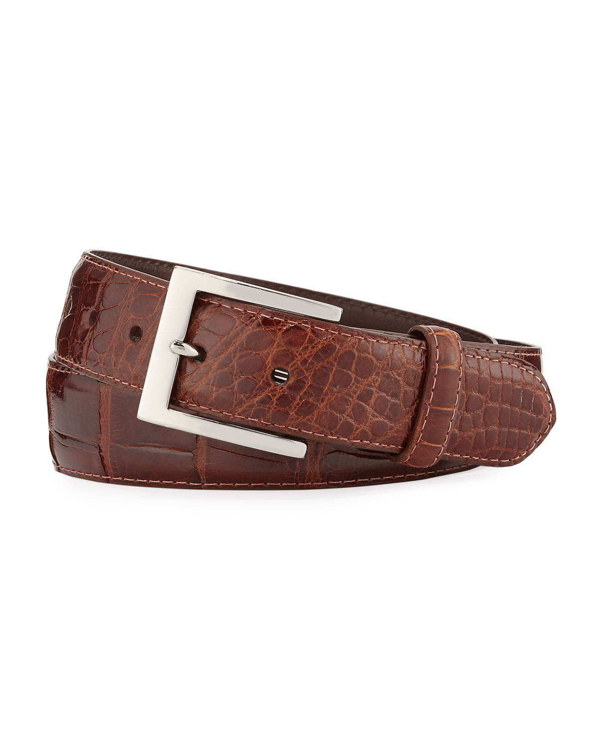 Glazed Alligator Belt with Interchangeable Buckles, Brown | Neiman Marcus