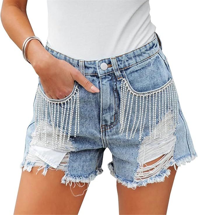 Women Mid Rise Ripped Stretchy Jeans Frayed Raw Hem Casual Tassels Denim Shorts | Amazon (US)