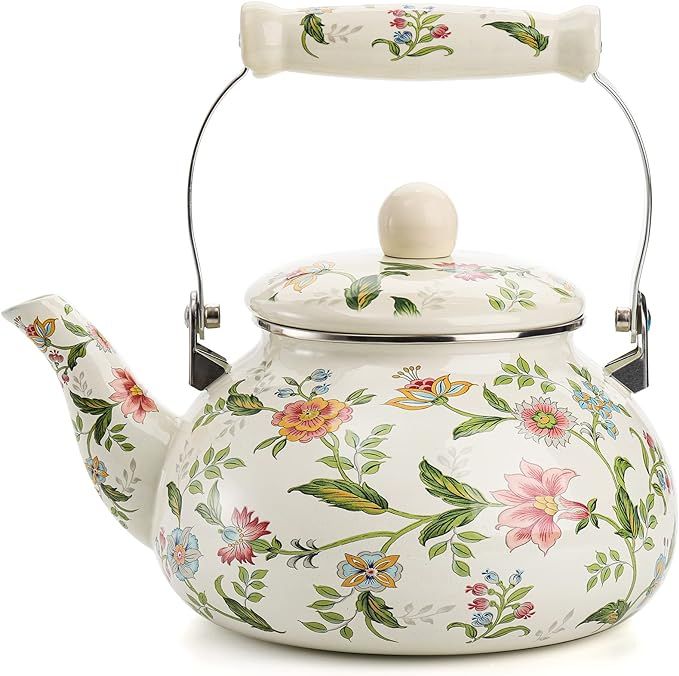 Jucoan 2.6 Quart Vintage Enamel Tea Kettle, Green Floral Enamel on Steel Teapot with Cool Touch P... | Amazon (US)