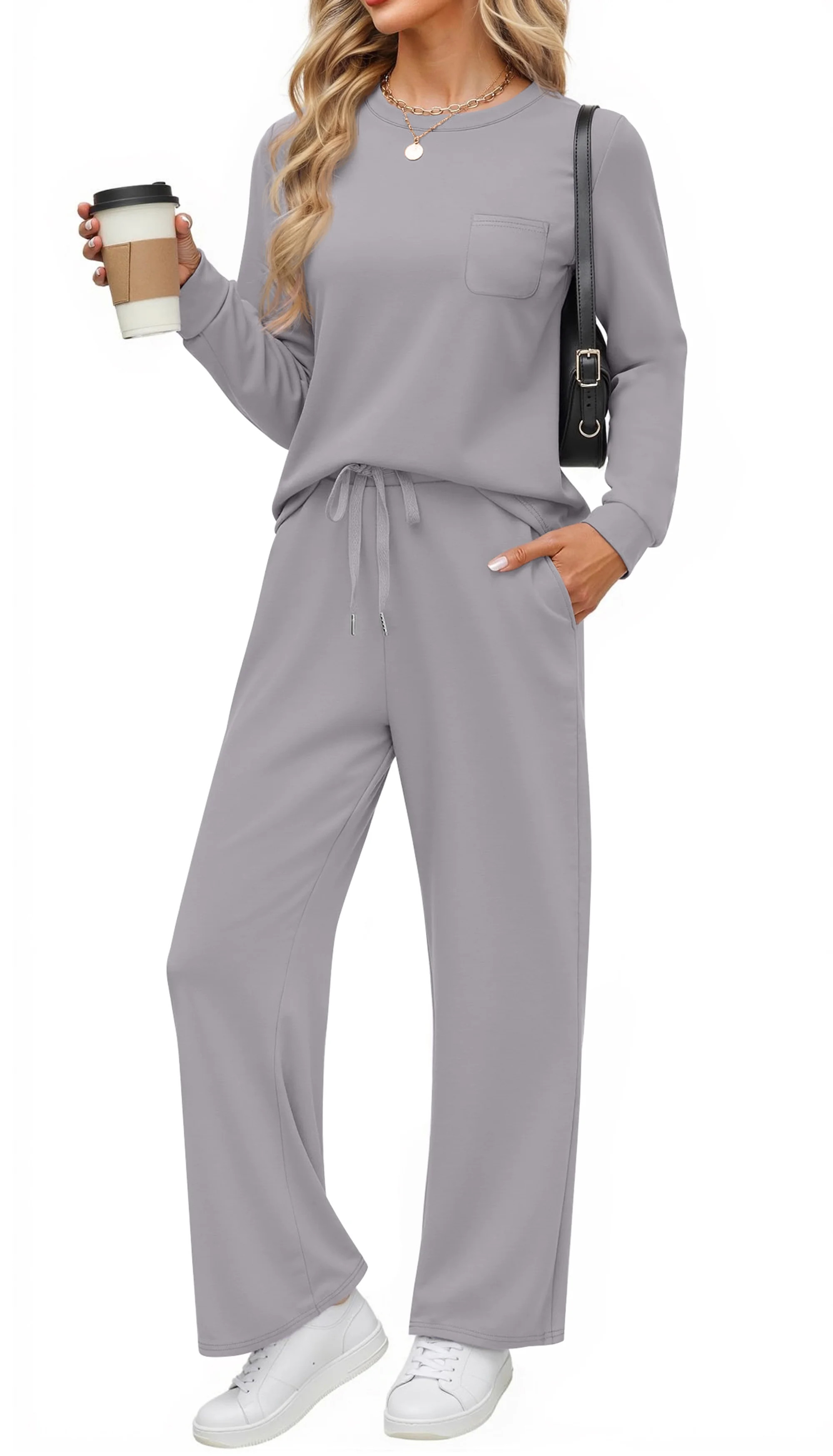 Fantaslook Two Piece Lounge Sets for Women Fall Outfits Long Sleeve Tops Wide Leg Pants Matching ... | Walmart (US)