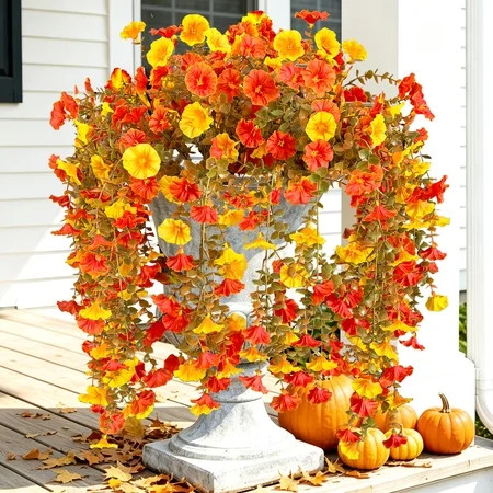 Artificial Fake Mums Flowers Plants for Outdoors, 2 PCS Artificial Hanging Flowers Silk Morning Glory UV Resistant Look Real for Outside Porch Planter Home Decor | Walmart (US)