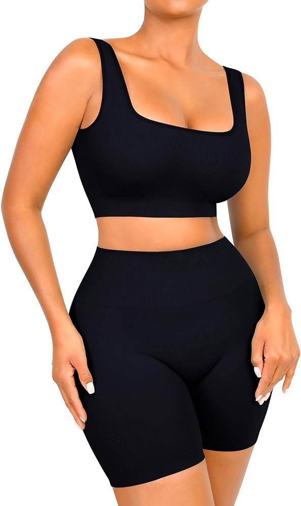 Workout Sets for Women 2 Piece Outfits Seamless Ribbed Sport Bra High Waist Shorts Reg & Plus Siz... | Amazon (US)