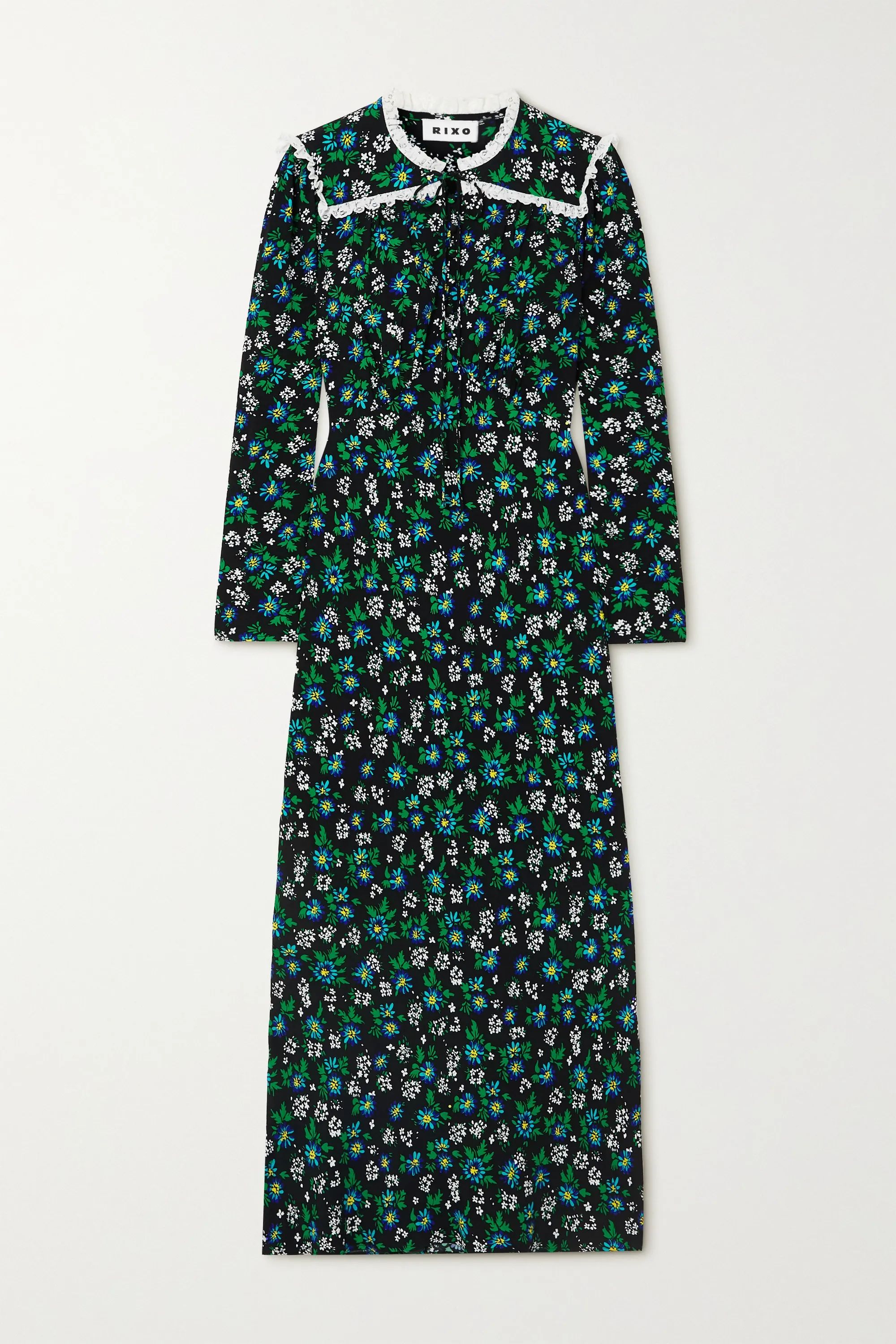 Black Ada lace-trimmed floral-print crepe midi dress | RIXO | NET-A-PORTER | NET-A-PORTER (US)