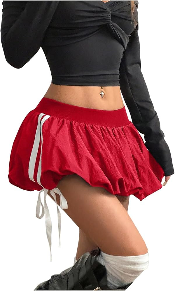 SHENHE Women's Y2k Bubble Skirt Side Striped Bow Mini Skirt Low Rise Puffer Micro Skirt | Amazon (US)