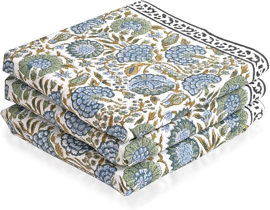 Ridhi Asparagus Green Hand Block Print Waffle Kitchen Towel Set of 3-16 x28 Ultra Absorbent Quick... | Amazon (US)