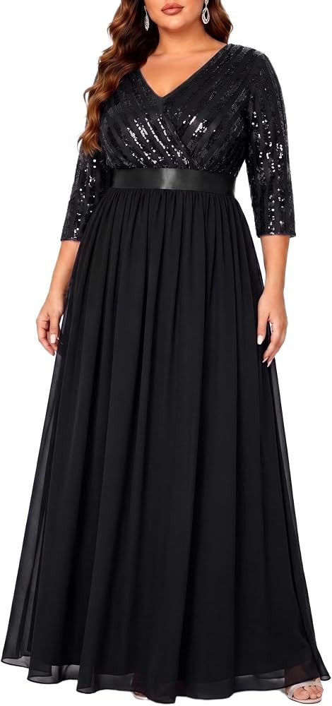 Plus Size Formal Dresses V Neck 3/4 Sleeve Sequin Prom Evening Maxi Dress | Amazon (US)