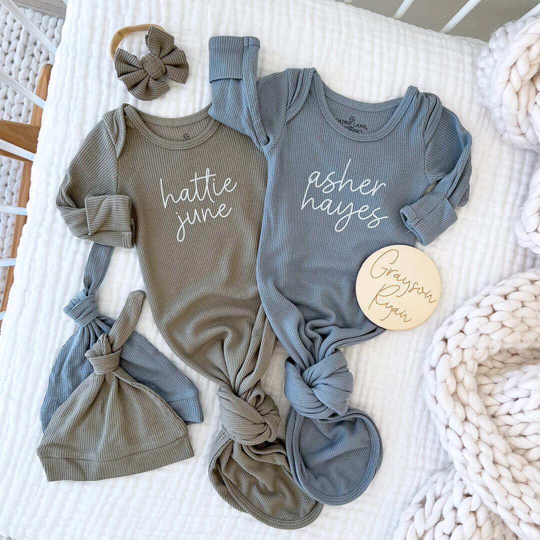 Personalized Bamboo Newborn Baby Knot Gown | Nature Neutrals - Script | Caden Lane