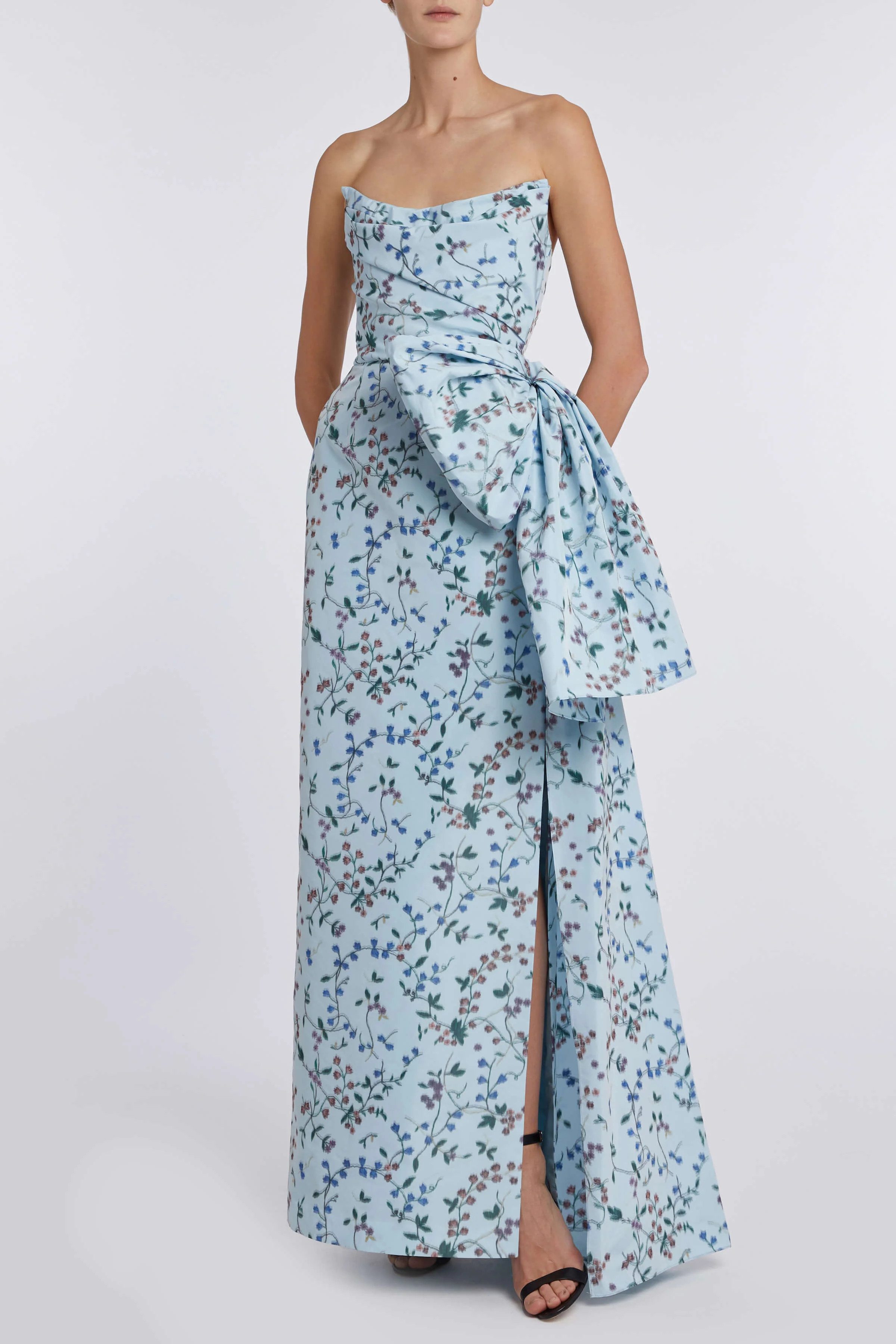 Athena Blue Vine Ikat Strapless Draped Bodice Gown | Markarian