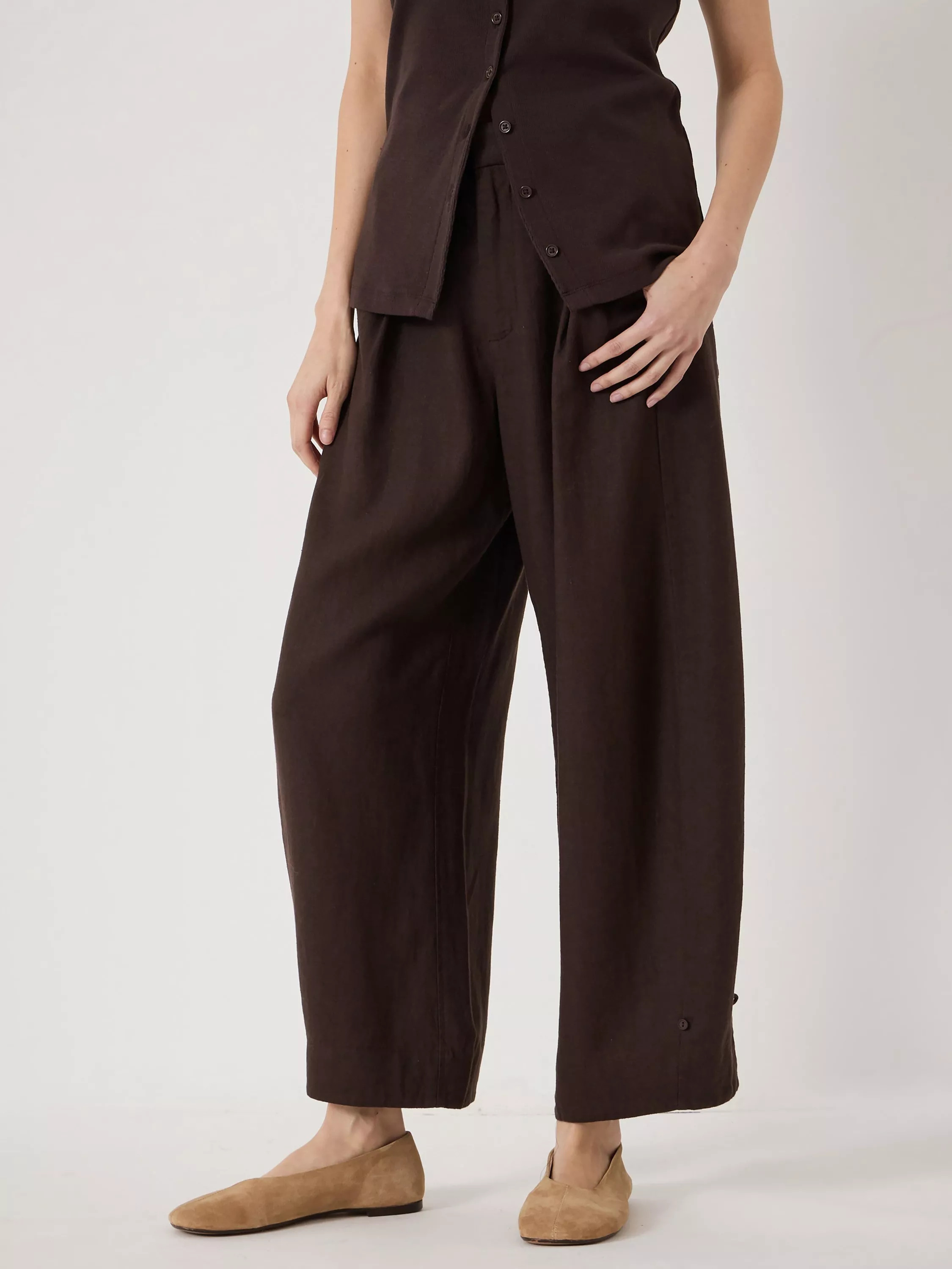 Dania Linen Blend Barrel Leg Trousers containing LENZING™ ECOVERO™ Viscose, Dark Brown | John Lewis (UK)