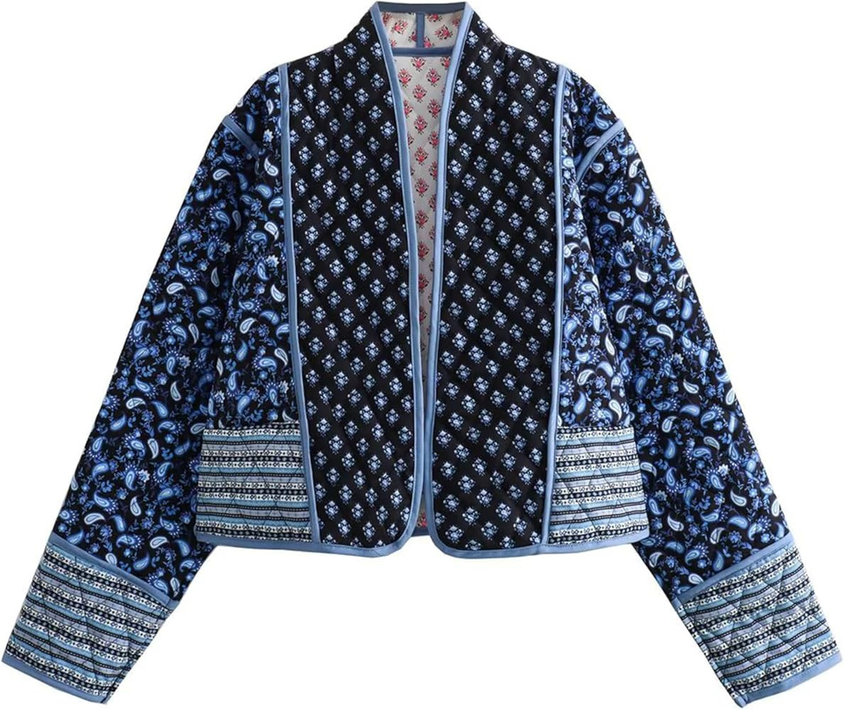 OPCAKM Women's Cropped Floral Print Quilted Jacket Lightweight Coats Open Front Puffer Outerwear | Amazon (US)