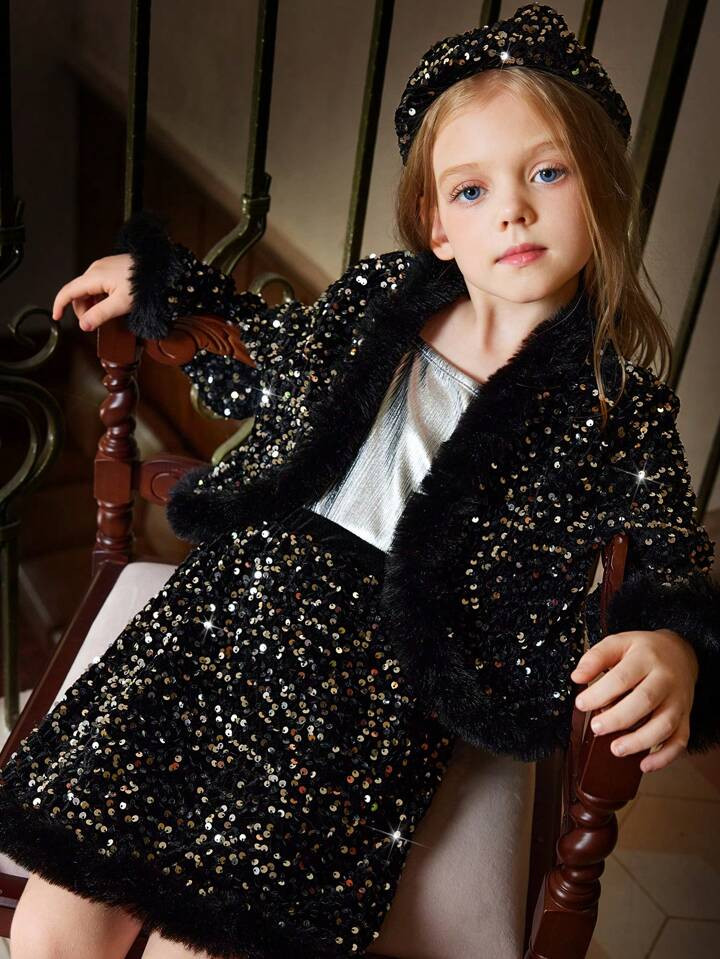 4pcs/Set Young Girls Elegant &  Glitter Plush Beret Hat, Warm & Comfortable Outfit For Party, Hol... | SHEIN