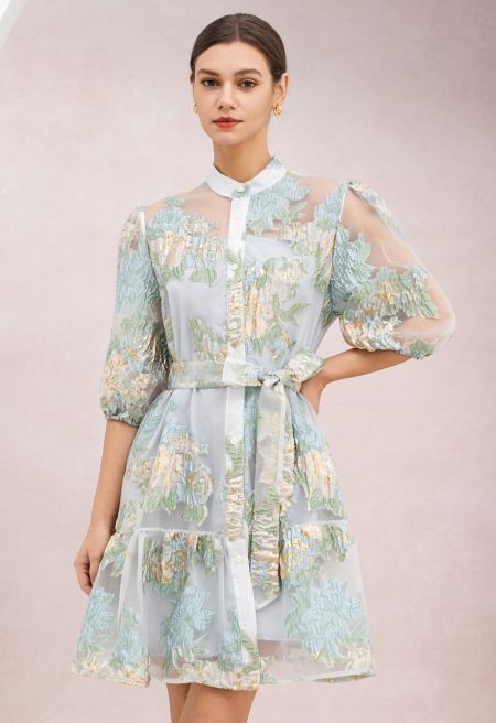 Floral Jacquard Puff Sleeves Organza Buttoned Belted Dolly Dress in Baby Blue for Garden Parties ... | Chicwish