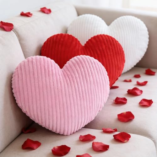 Cumule 3Pcs Valentine's Day Heart Pillows Ribbed Large Love Heart Pillows Red Ivory Pink Pillows for Valentines Day Living Room Bedroom Decor | Amazon (US)