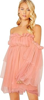 Romwe Women's Romantic Off Shoulder Flounce Long Sleeve Wedding Ruffle Mesh Party Mini Dress | Amazon (US)