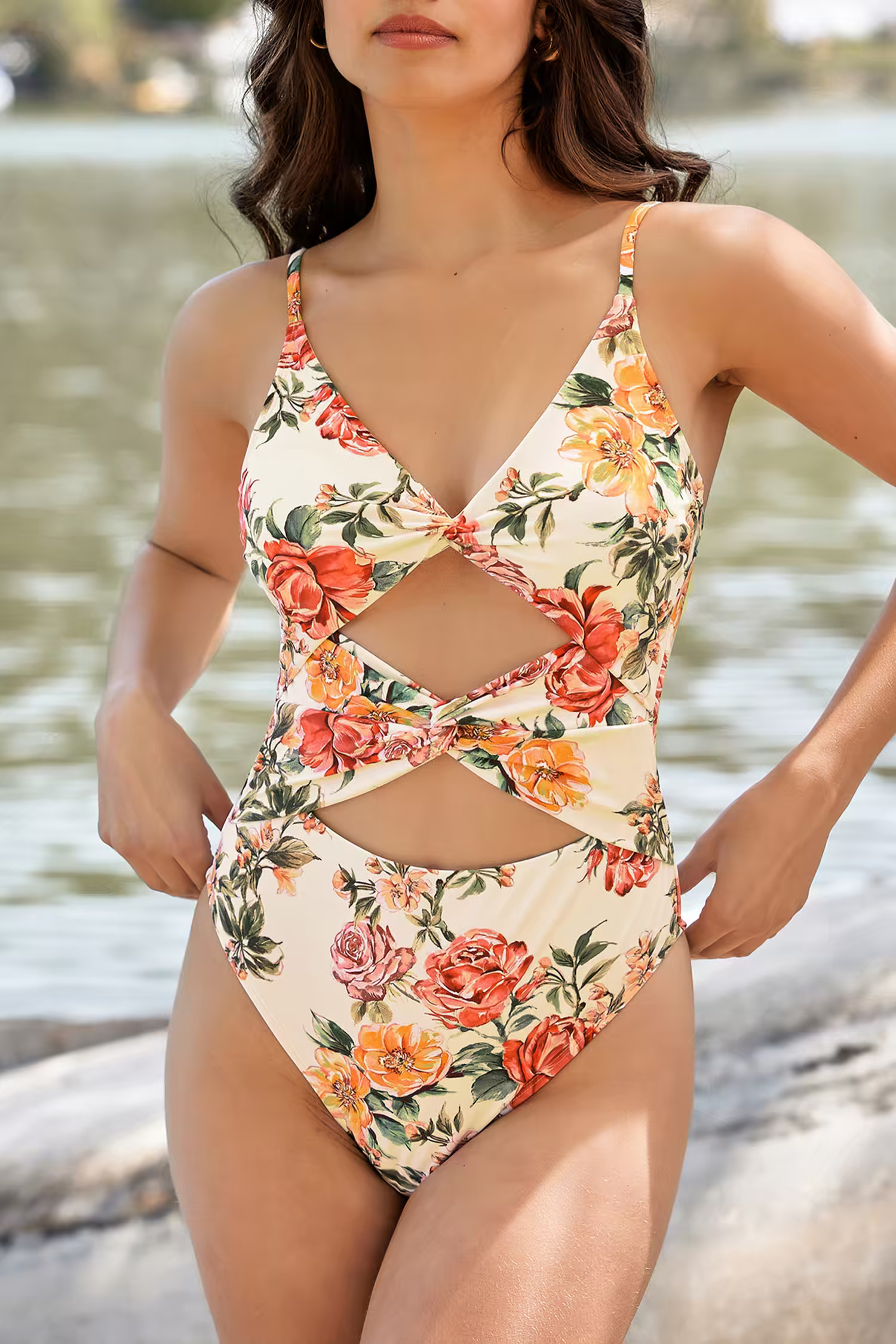 X Vanessa Elegant Rose Twisted Cutout Cheeky One Piece Swimsuit | Cupshe US
