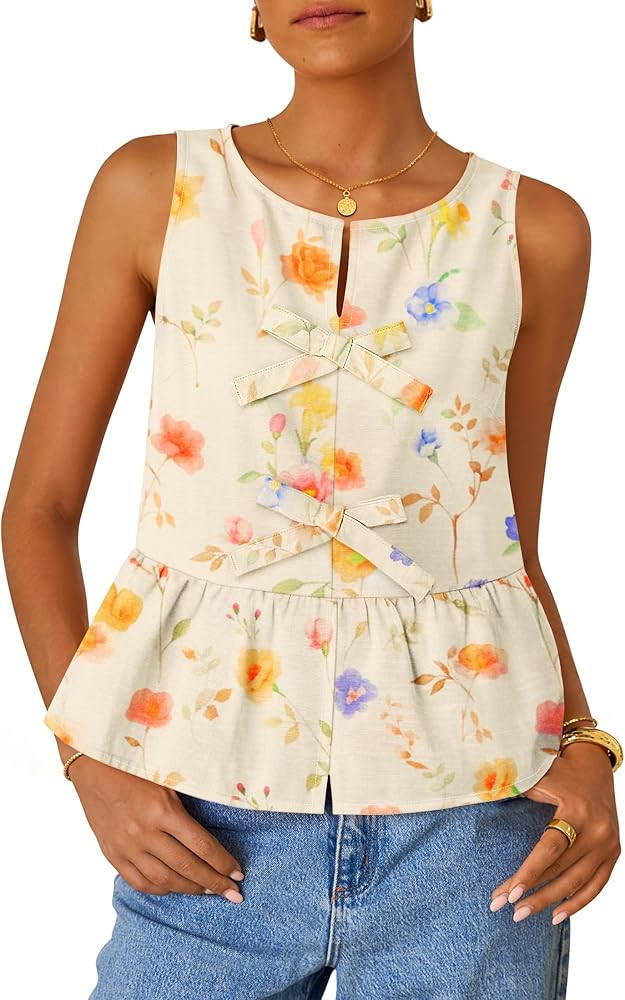 ZESICA Women's Summer Sleeveless Gingham Tank Tops 2026 Crewneck Tie Front Top Loose Ruffle Peplu... | Amazon (US)