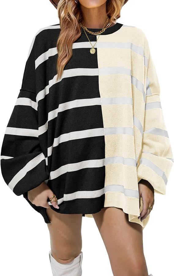 Fisoew Womens Striped Pullover Sweater Crew Neck Long Sleeve Knitted Color Block Casual Loose Lig... | Amazon (US)