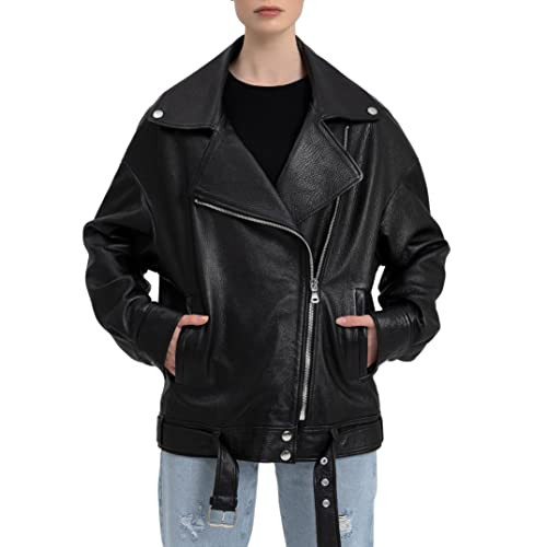 Oversized Leather Jacket Women - Real Lambskin Women's Leather Jacket Plus Size Long Leather Motorcycle Jacket (as1, alpha, xx_s, regular, regular, Black Leather Jacket Women) | Amazon (US)