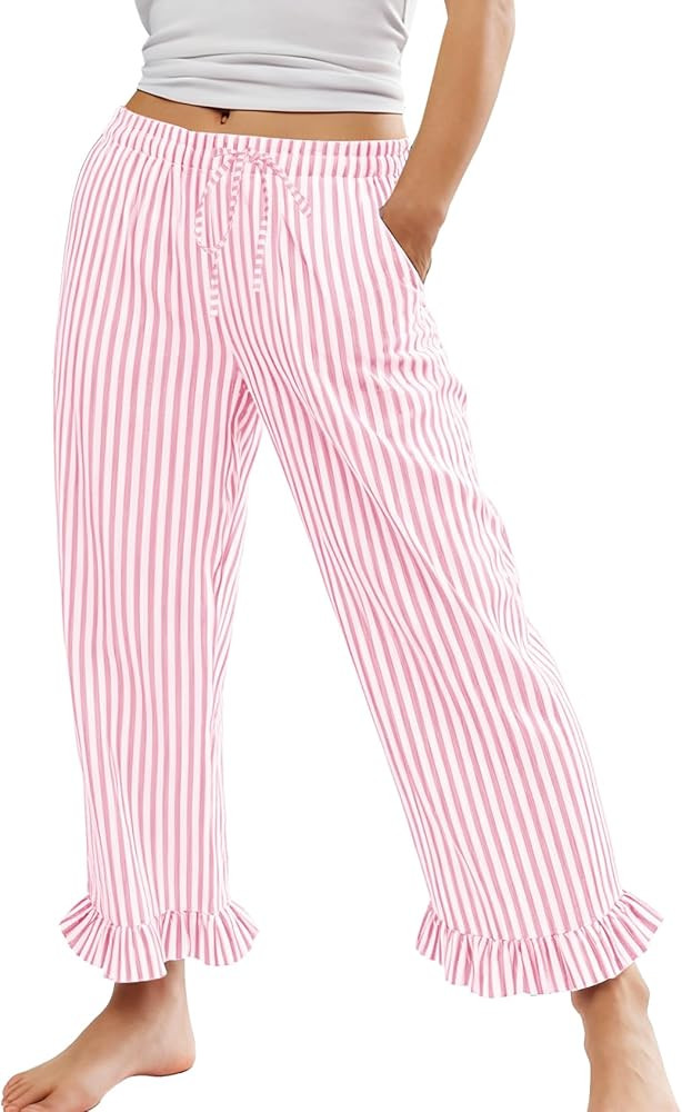 Flygo Womens Striped Lounge Pants Y2K Long Cotton Ruffle Boxer Bottoms Comfy Drawstring Elastic W... | Amazon (US)