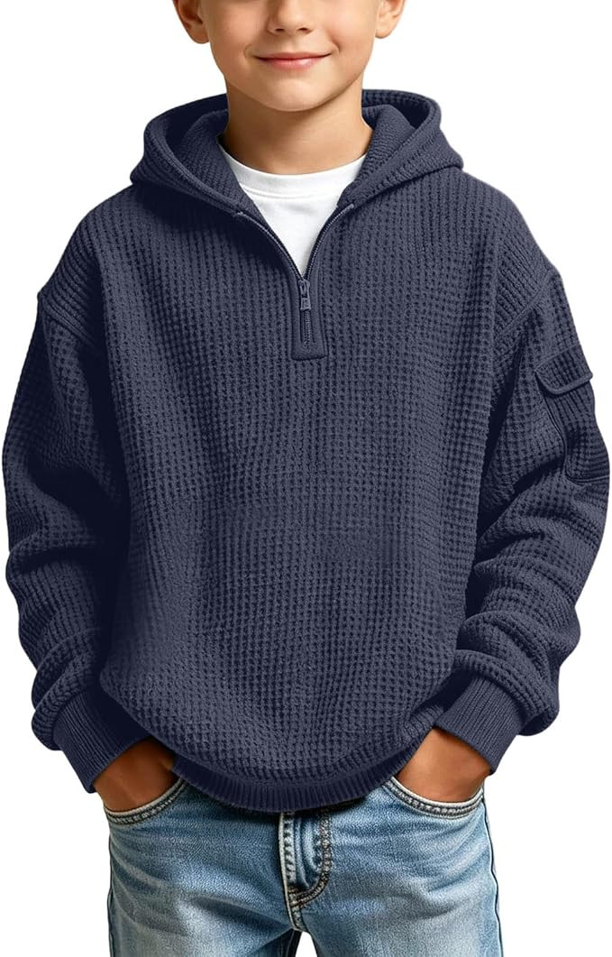 Hoodies for Boys Quarter Zip Waffle Knit Pullover Hooded Sweatshirt Tops | Amazon (US)