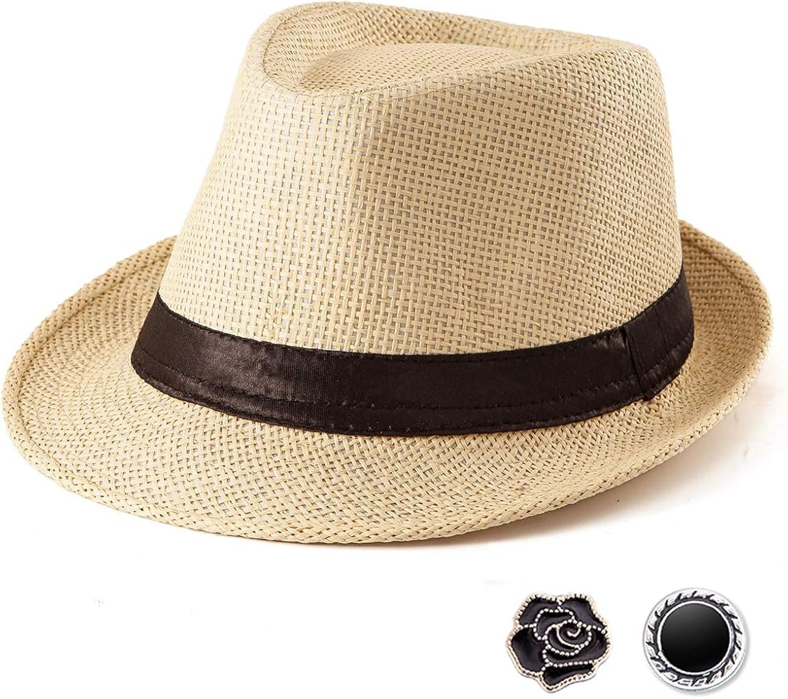 LADYBRO Straw Trilby Fedora Hat for Men 1920s Short Brim Wool Felt Panama Cap 7 1/4 | Amazon (US)