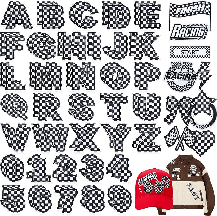 Meneng Letters and Numbers Patches for Racing: 82 Pcs Iron On Checkered Letters with Car Patches ... | Amazon (US)
