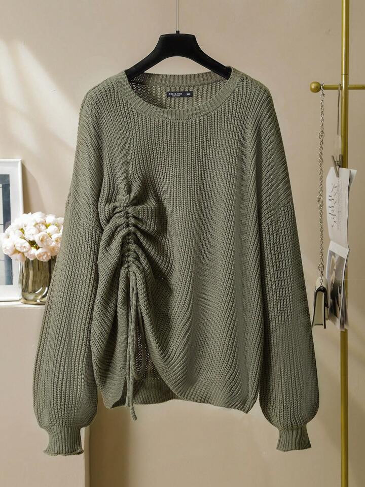 SHEIN Mulvari Plus Size Women's Solid Color Round Neck Drop Shoulder Long Sleeve Drawstring Sweat... | SHEIN