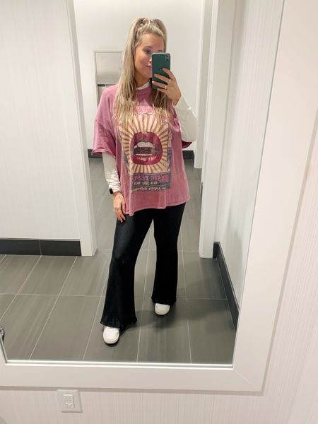 #CasualOfficeOutfit #ComfyWorkAttire #FallOfficeOutfit #GraphicTee #NastyGal #AmazonTurtleNeck #FlarePants #Nikes #WhiteNikes #PregnancyFit 

#LTKSeasonal #LTKbump #LTKworkwear