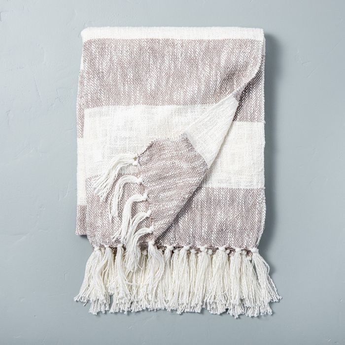 Wide Stripe Tassel Fringe Throw Blanket Gray/Sour Cream - Hearth &#38; Hand&#8482; with Magnolia | Target