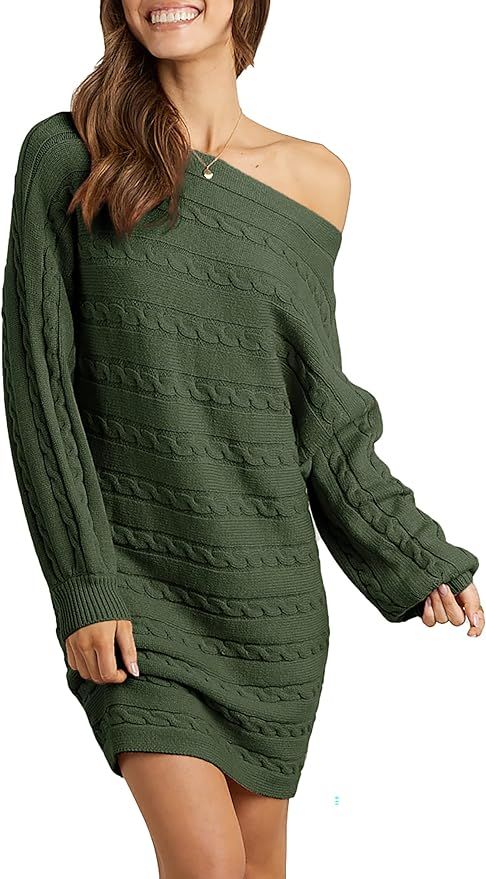 KIRUNDO Women’s 2022 Fall Winter Off Shoulder Sweater Dress Cable Knit Long Sleeve Casual Loose... | Amazon (US)