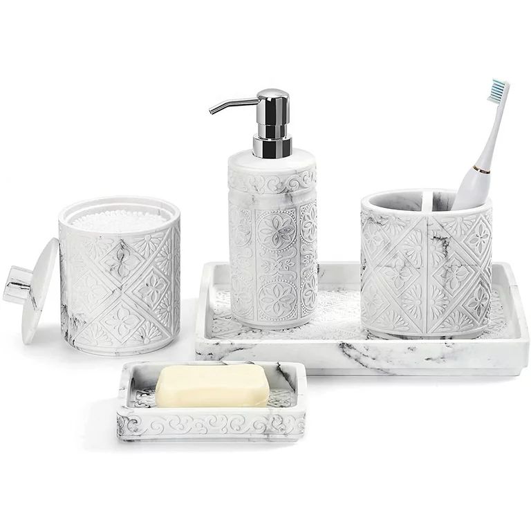 Luxspire 5 Pcs Bathroom Accessories Sets , 3D Resin Vanity Tray, Toothbrush Holder Cup, Soap Dish... | Walmart (US)