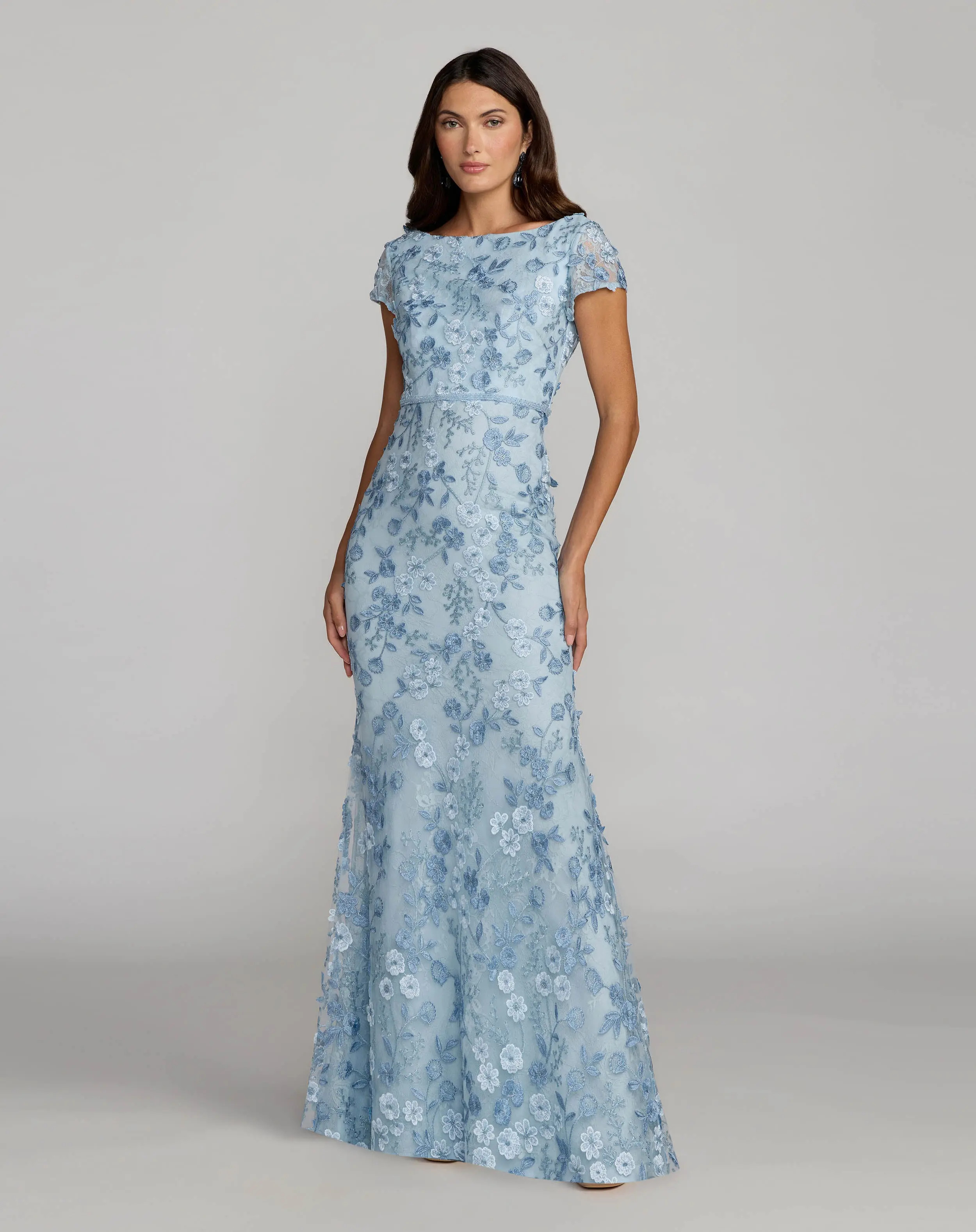 Blue Floral Applique Boat Neck Cap Sleeve Gown | Mac Duggal | Mac Duggal