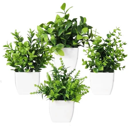 Behome Fake Plants, 4 Pack Small Fake Plants in White Plastic Pot, Mini Artificial Greenery Potted Plants for Home Decor, Green | Walmart (US)