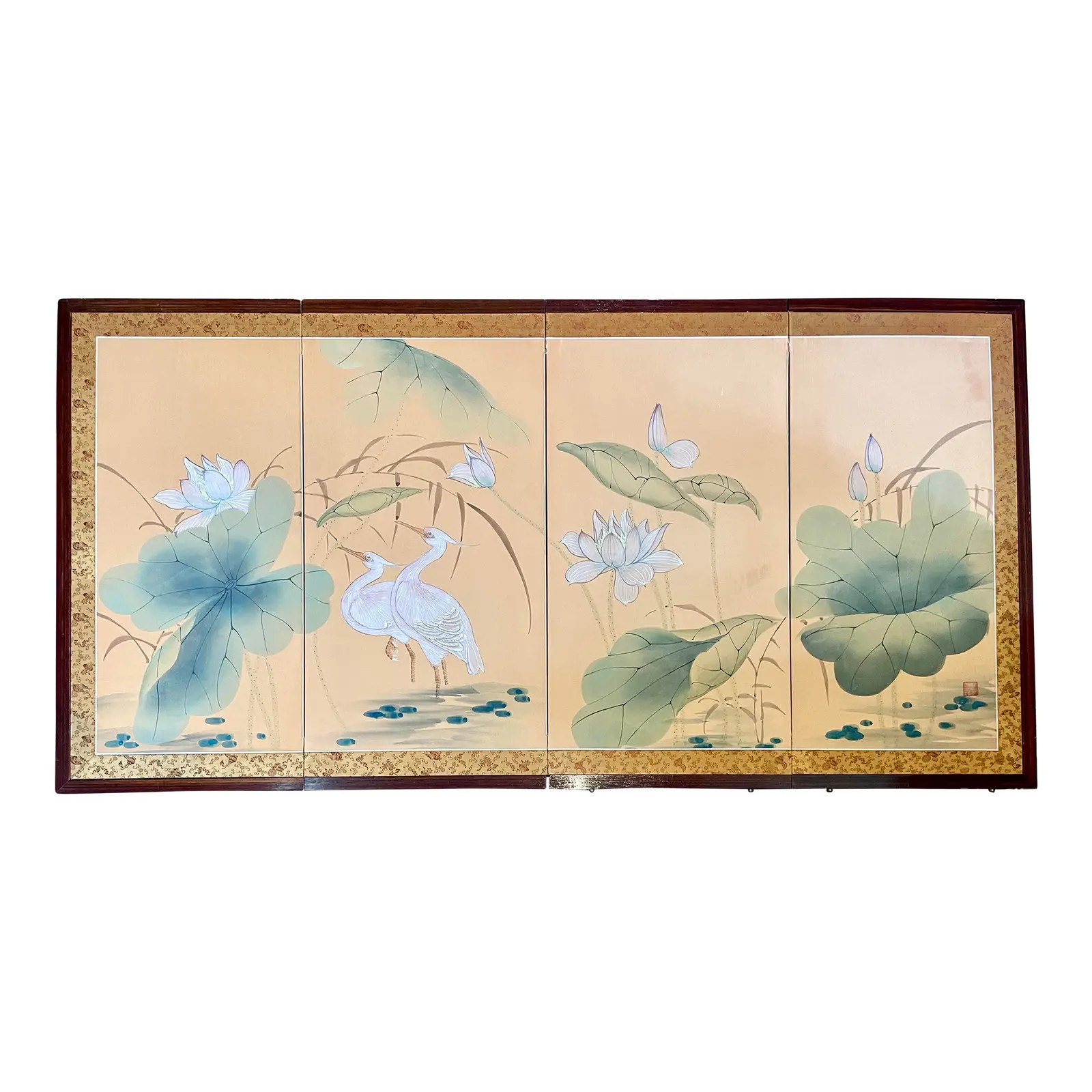 Mid-Century Hand Painted Asian Four Panel Lotus and Crane Screen | Chairish