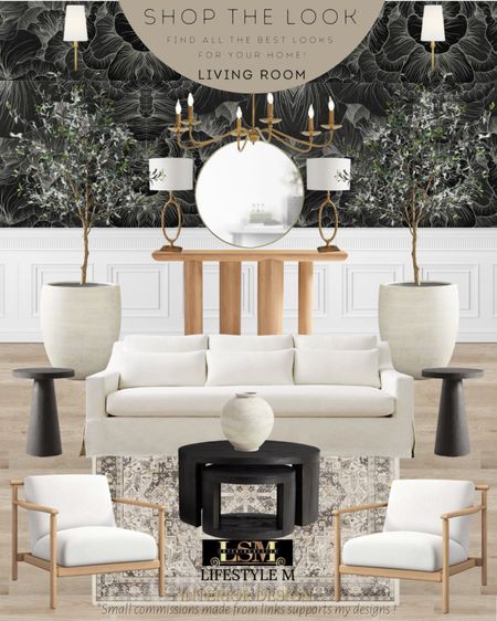 Modern farmhouse living room design idea. Black round coffee table, black round end table, wood upholstered accent chair, white terracotta vase, white sofa, traditional rug, white terracotta tree planter pot, realistic fake tree, wood console table, round brass mirror, brass table lamp, brass chandelier, black modern wall paper, brass wall sconce.

#LTKhome #LTKFind #LTKstyletip