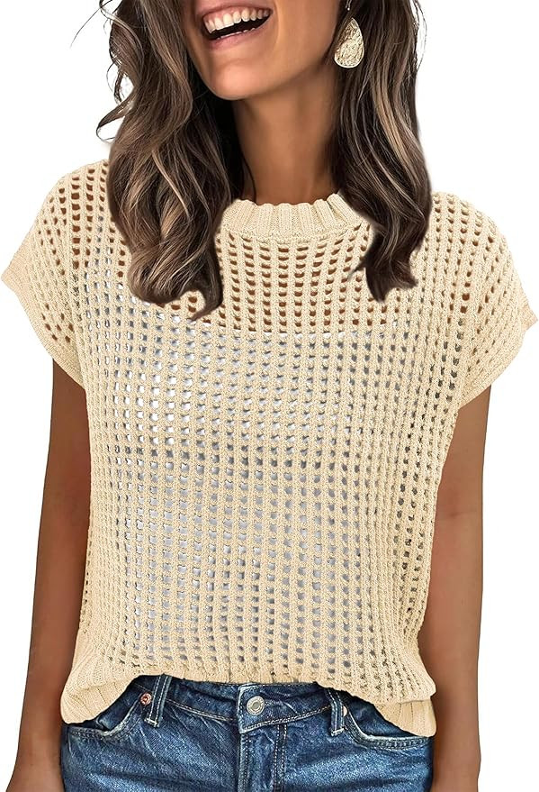 ANRABESS Women’s Tops 2026 Trendy Summer Shirts Crochet Cap Sleeve Knitted Sweater Spring Beach... | Amazon (US)