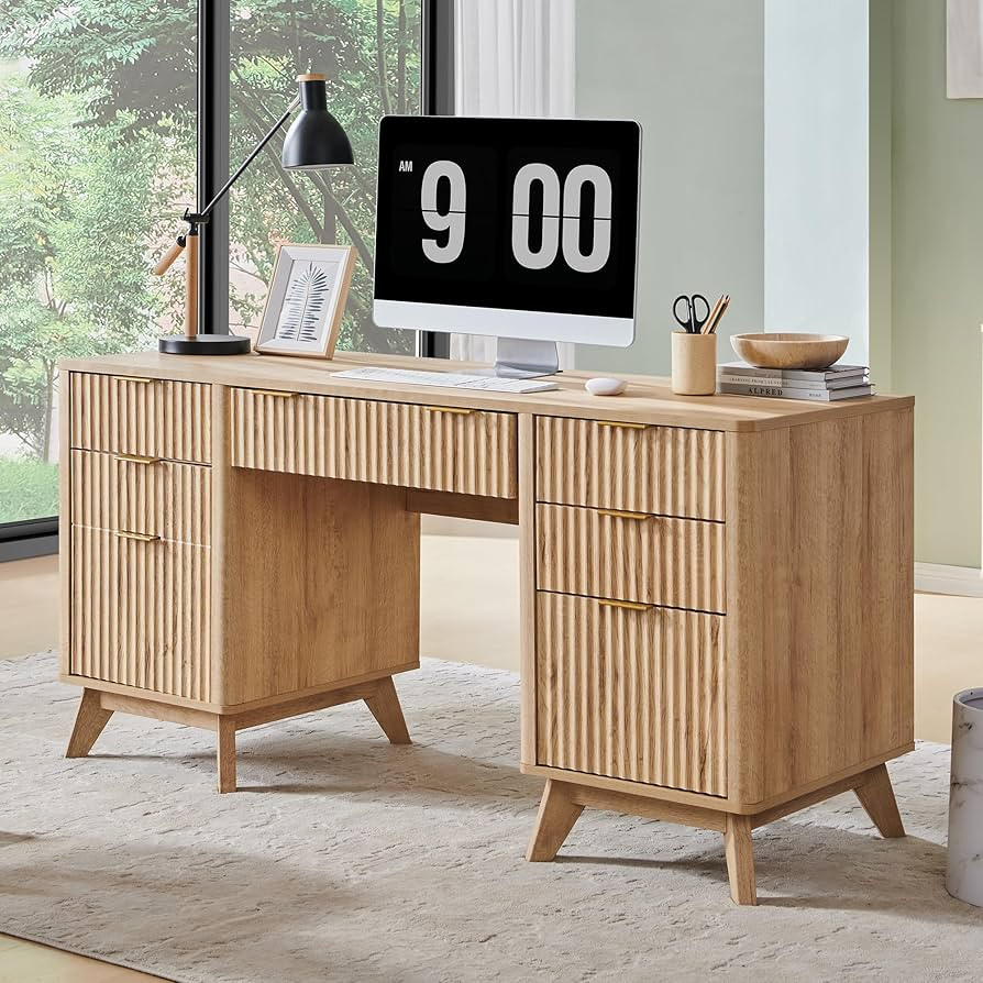 T4TREAM 60'' Fluted Executive Desk with Drawers, Modern Home Office Computer Desk with Charging S... | Amazon (US)