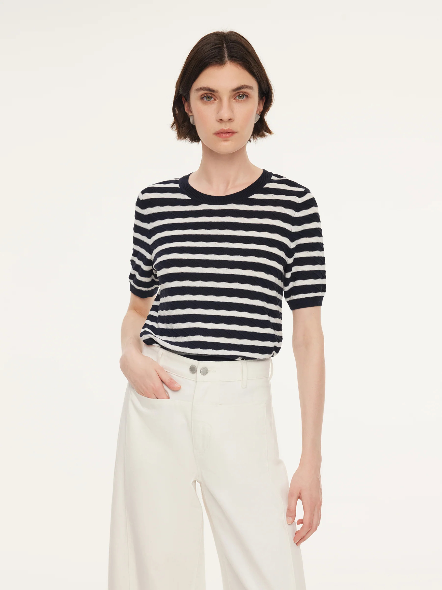 Lyocell Blend Stripe Round Neck Women Knit Top | GOELIA