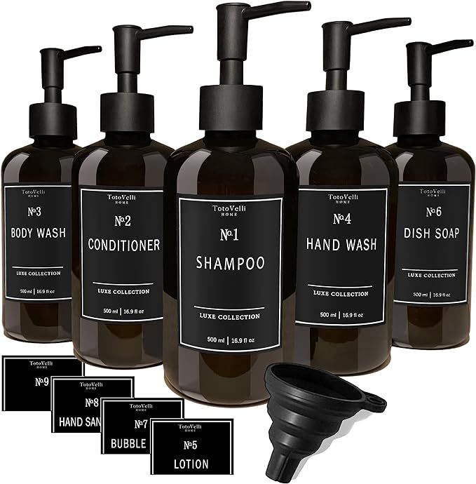 Refillable Shampoo and Conditioner Bottles - Empty Soap Dispenser Set of 5 (16.9oz) - Plastic Bat... | Amazon (US)